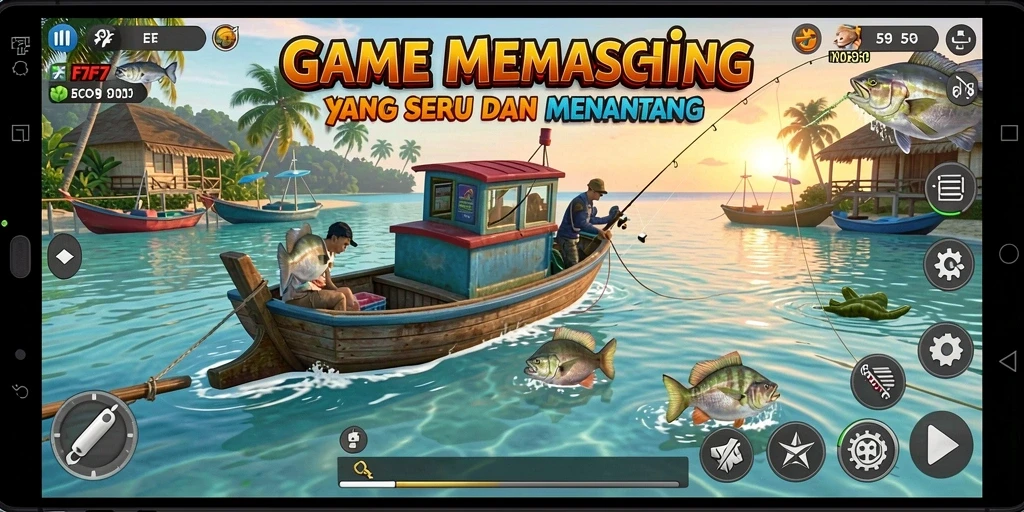 Tampilan gameplay F7F7 dengan aktivitas memancing yang seru dan interaktif.