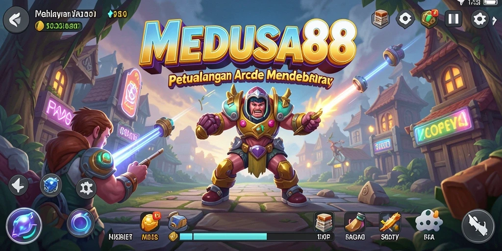 Screenshot MEDUSA88 menampilkan karakter dan aksi mendebarkan dalam permainan Arcade.
