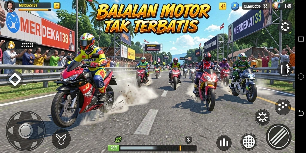 Screenshot gameplay MERDEKA138 menampilkan aksi balapan motor yang seru.