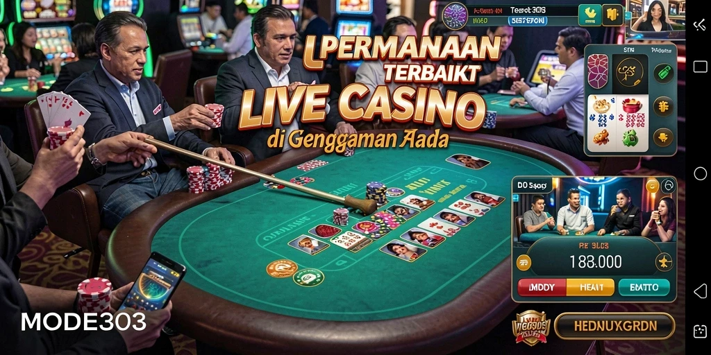 Screenshot yang menunjukkan dealer live di MODE303 dengan gameplay menarik.