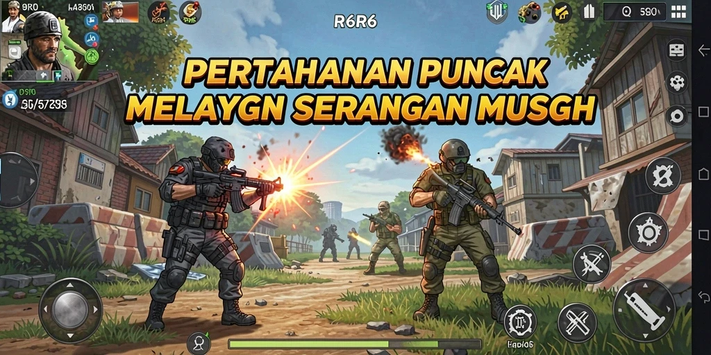 Screenshot R6R6 menunjukkan aksi menara mempertahankan benteng dari serangan musuh.