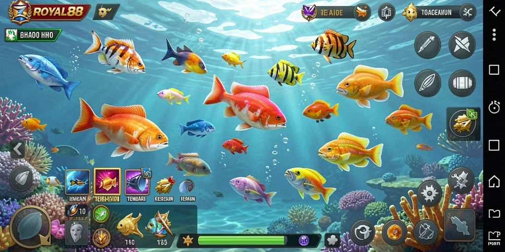 Tangkapan layar gameplay dari ROYAL88 yang menampilkan aksi menembak ikan.