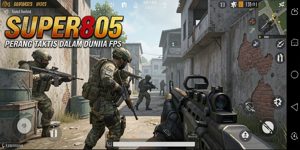 Screenshot gameplay SUPER805 menunjukkan aksi pertempuran mendebarkan dalam FPS.